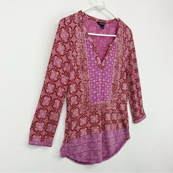 Lucky Brand Pink Red Boho Bandana Print Jersey Knit V Neck Pullover Festival Top - Picture 2 of 15